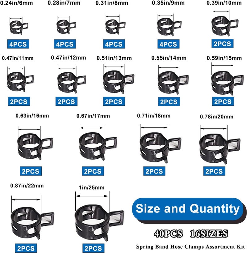 Sunxeke 40Pcs Spring Band Hose Clamps Assortment Kit,16 Sizes Black Fuel Line Hose Clamps,Low Pressure Air Clip Strap Clamp for Silicone Vacuum Hose Clamp Fuel Line Clamps (6-25mm) - Image 2